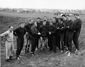 Manchester United. Jimmy Murphy with his Wembley team prior to training at Blackpool