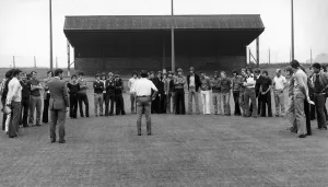Instructions Prints: Manchester United manager Frank O Farrell and coach Malcolm Musgrove talk to players