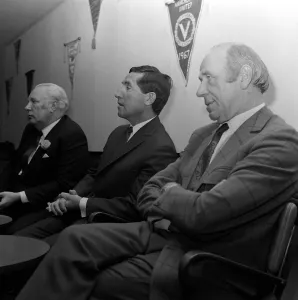 Board Prints: Manchester United manager Frank O Farrell meets the press with Matt Busby