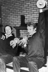 Manchester United stars Nobby Stiles (left) and Denis Law seen here in training