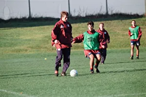 Manchester United in training. David Beckham on the ball challenged by Ben