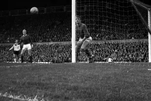 Manchester United v Stoke City-Alex Stepney watches as the ball comes back off his post