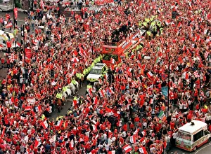 Manchester United on their way down Talbot Rd May 1999 near Old Trafford for their