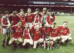 Manchester United youth team celebrate with the FA Youth Cup trophy after their 6-3