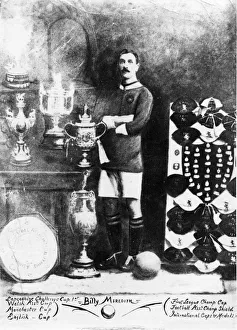 1908 Prints: Manchester Uniteds Welsh Wizard Billy Meredith pictured circa 1908 with cups