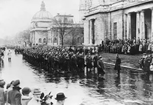 March past of the Cardiff sector Home Guard at their final parade. Circa 1940