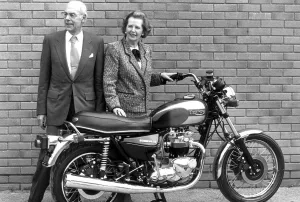 Margaret and Dennis Thatcher look over a new Triumph motorcycle in Devon - 28th May 1987