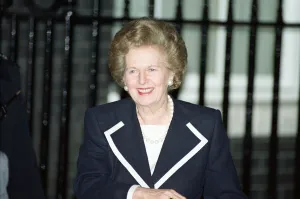 01302 Prints: Margaret Thatcher at 10 Downing Street after John Major won the Conservative leadership