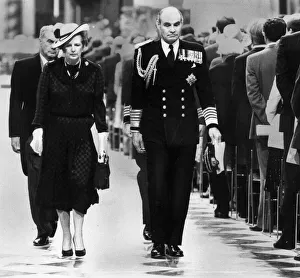 Margaret Thatcher with Admiral Sir Terence Lewin leaving Falklands Islands Service at St