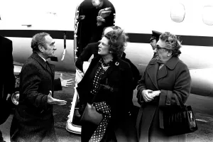 Political Icons Prints: Margaret Thatcher arrives at Newcastle Airport in gale force winds on March 12, 1982