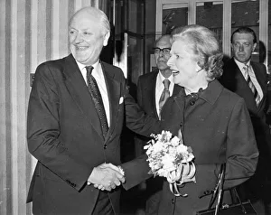 Margaret Thatcher arriving at the Three Tuns Hotel in Durham greeted by Sir William