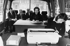 MARGARET THATCHER ON BOARD HER GENERAL ELECTION CAMPAIGN BATTLE BUS - 19TH MAY 1983