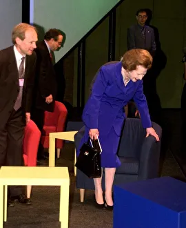 Margaret Thatcher Conservative Party Conference 1998 Checks her IKEA chair before