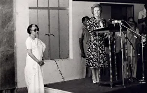 Margaret Thatcher giving speech watched by Mrs Indira Ghandi in India - April 1981