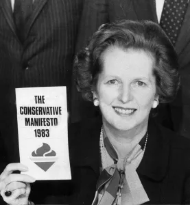 Election Prints: Margaret Thatcher holding 1983 Conservative party manifesto - May 1983