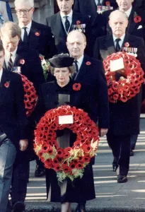 Margaret Thatcher holding wreath at Remembrance Day ceremony at the Cenotaph - November