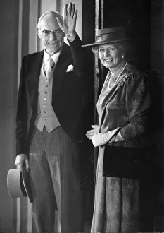 Margaret Thatcher and husband Denis leaving church - February 1987