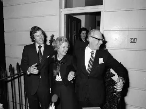 00198 Prints: Margaret Thatcher with her husband Denis and son Mark after winning the Conservative
