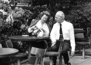 MARGARET THATCHER AND HUSBAND DENNIS (SMOKING) TAKE COFFEE IN THE PARK - 31ST MAY 1987