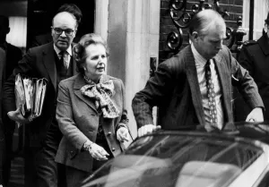 Margaret Thatcher with Ian Gow leaving 10 Downing Street for Parliament - January 1983
