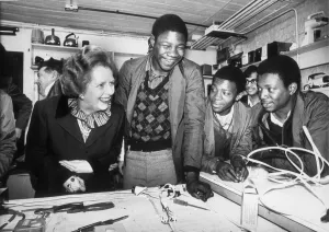 MARGARET THATCHER JOKES WITH TRAINEES AT MARSH BROTHERS IN FULHAM - 15TH APRIL 1983