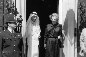 Margaret Thatcher June 1981 stands outside 10 Downing Street with King Khaled of Saudi