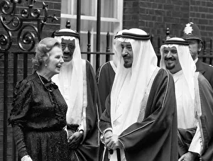 Poliitics Prints: Margaret Thatcher June 1981 stands outside 10 Downing Street with King Khaled of Saudi