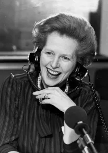 Tory Prints: Margaret Thatcher laughing during radio interview - May 1983