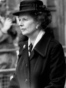 Margaret Thatcher leaving memorial service looking serious - January 1984