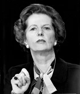 Speech Prints: Margaret Thatcher looking serious and forbidding during press conference / speech - June