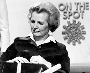 Handbag Prints: Margaret Thatcher looking pensive during TV interview - April 1977