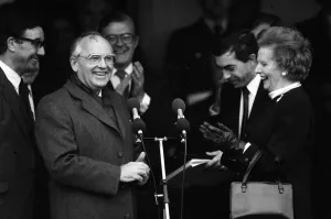 Margaret Thatcher meets President Mikhail Gorbachev at RAF base Brize Norton Dec 1987