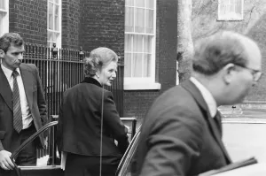 Margaret Thatcher PM pictured outside Downing Street, London, Thursday 22nd April 1982