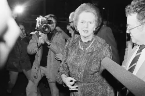 Conference Prints: Margaret Thatcher PM pictured speaking to the press outside Downing Street, London