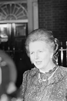 Margaret Thatcher PM pictured speaking to the press outside Downing Street, London