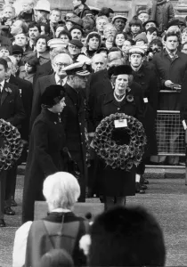 Margaret Thatcher with Queen Elizabeth II and Prince Philip at Remembrance Day Service