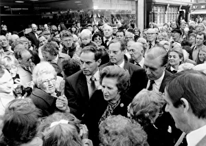 Margaret Thatcher surrounded by crowd during visit to Chester - September 1984