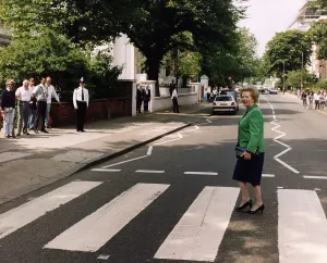 Walking Prints: Margaret Thatcher walking across zebra crossing in Abbey Road made famous by the Beatles