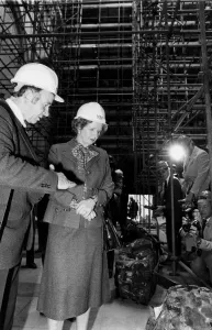 01528 Prints: Margaret Thatcher wearing hard hat during visit to York Minster after storm damage