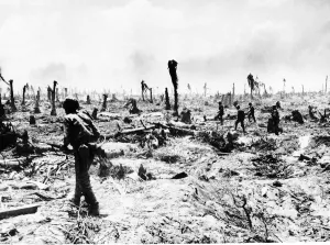 Marine Prints: US Marines advance on Barry Island in the Marshall Islands in the wake of fleeing