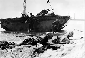 Pacific War Prints: US Marines land from an amphibious assaultcraft during attack on a Japanese fortress