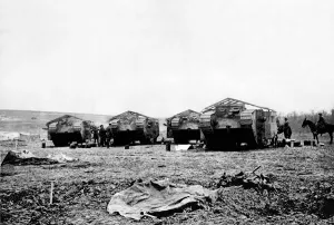 Mark One heavy tanks seen here being prepared for battle on the Somme battlefield