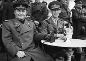 Officer Prints: Marshal Ivan Koniev of the Russian Army (left) shares a table with British