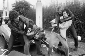 Location Prints: Martin Shaw and Lewis Collins wrestling with the bad guys on the set of the television