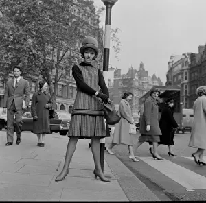 Shoes Prints: Mary Quant, clothes designer, standing near to her fashion shop Bazaar