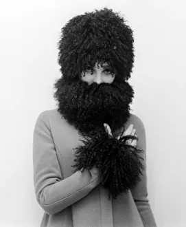 1960s Fashion Prints: Mary Quant fashion clothing Wool coat with afro fur trim on cuffs