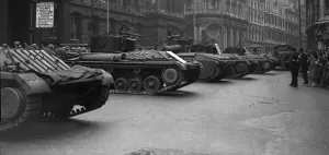 Matilda and Valentine tanks parade through central Birmingham as part of War Production