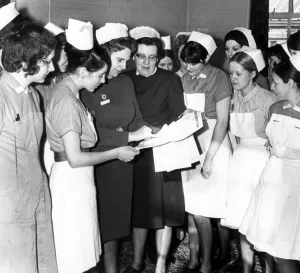 The Matron of George Eliot Hospital, Nuneaton, Miss A. Barry(centre), and her assistant