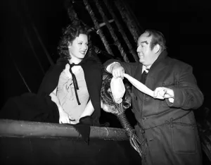 Man And Woman Prints: Maureen O Hara and Charles Laughton on the set of Alfred Hitchcocks 1939 film of