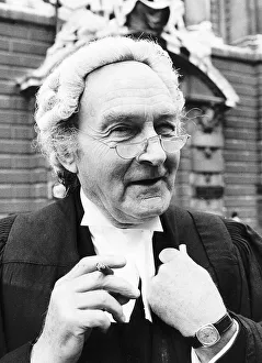 Maurice Denham as character Rumpole of the Bailey outside the Old Bailey to publicise a